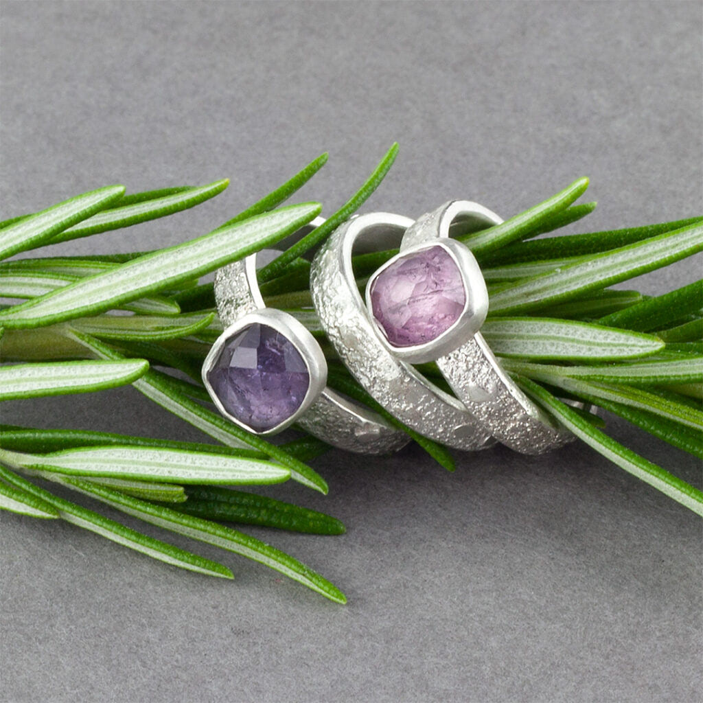 Carin Lindberg jewellery pale purple pink tourmaline textured silver rings 