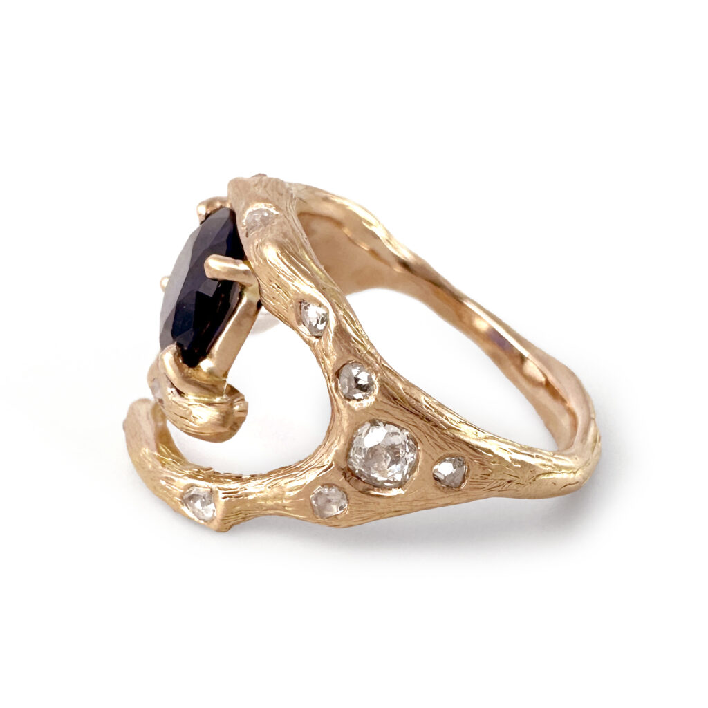 Brandts twig ring in rose gold with heirloom sapphire and old cut diamonds