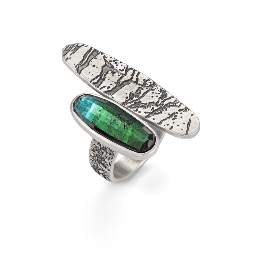 Blue-green tourmaline statement ring in recycled sterling silver with slate texture