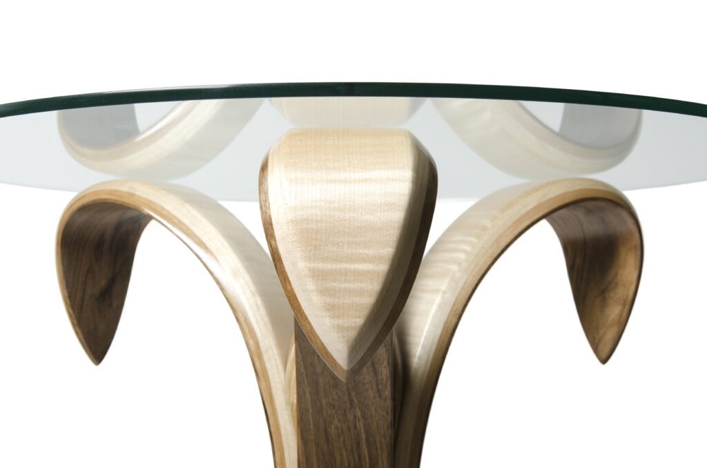 John Jacques Blooming Lovely Flower Table No.2 Walnut Ripple Sycamore Burr Oak Glass