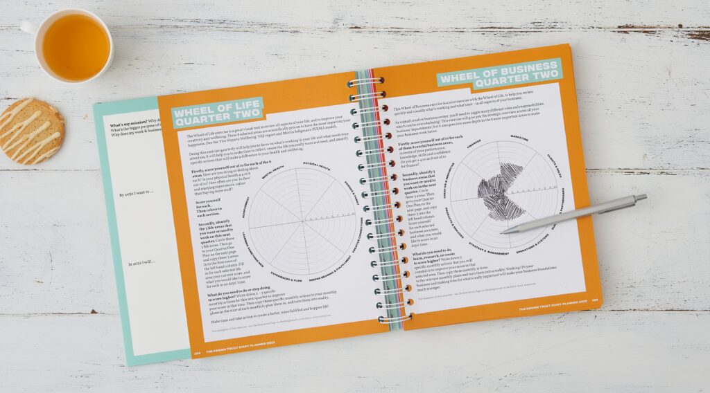 The Design Trust 2022 diary planner wheel of life and wheel of business exercises in ochre and mint lifestyle