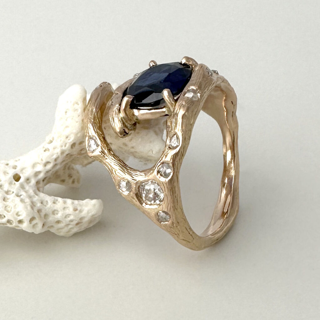 brandts bespoke twig ring rose gold with heirloom gemstones blue sapphire and scattered old cut diamonds